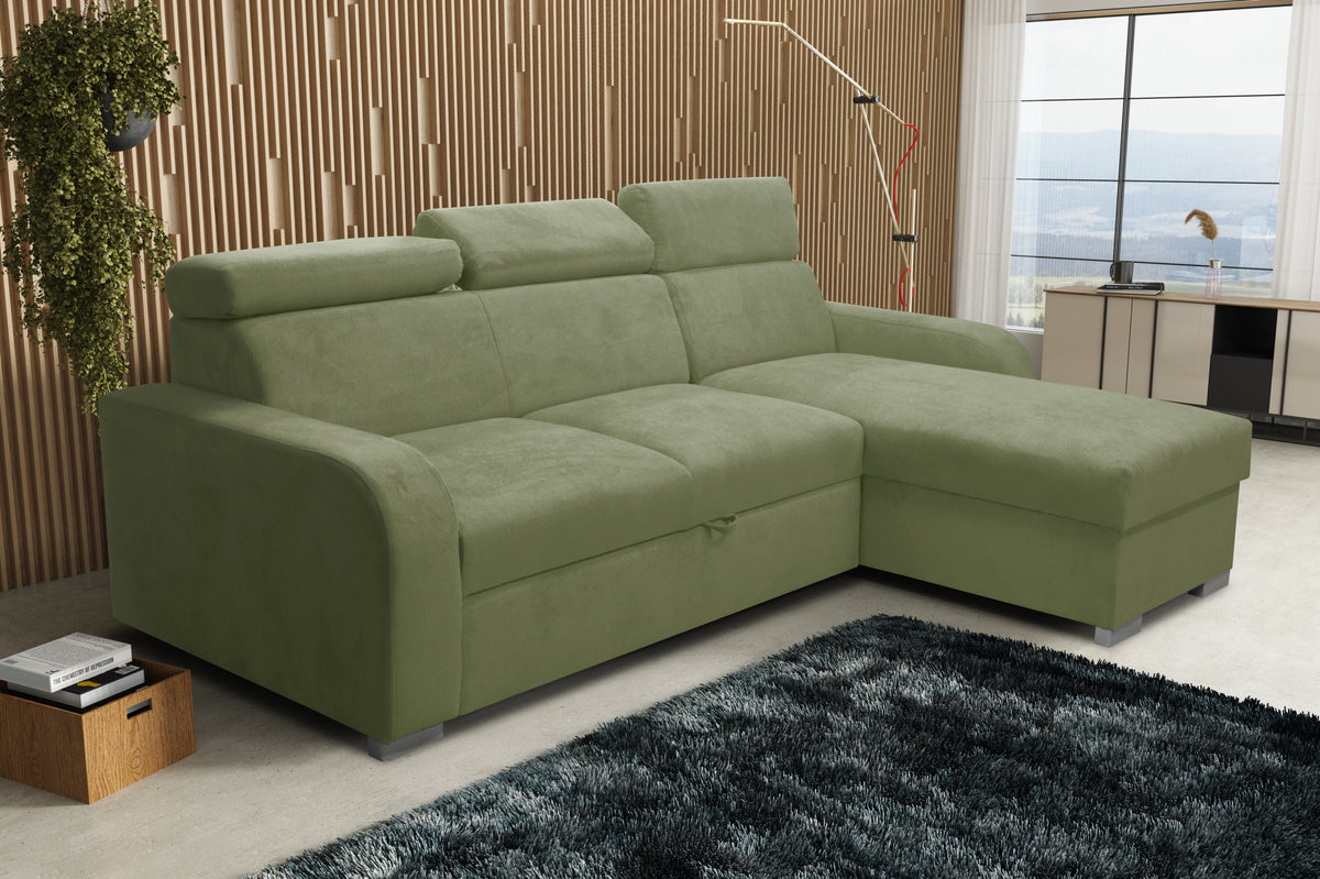 UNIVERSAL CORNER SOFA BED ASTEE 235CM EASY CLEAN FABRIC ADJUSTABLE HEADREST CHOICE OF COLORS / SPRINGS + FOAM