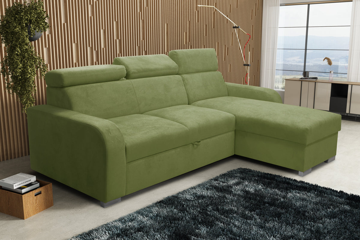 UNIVERSAL CORNER SOFA BED ASTEE 235CM EASY CLEAN FABRIC ADJUSTABLE HEADREST CHOICE OF COLORS / SPRINGS + FOAM