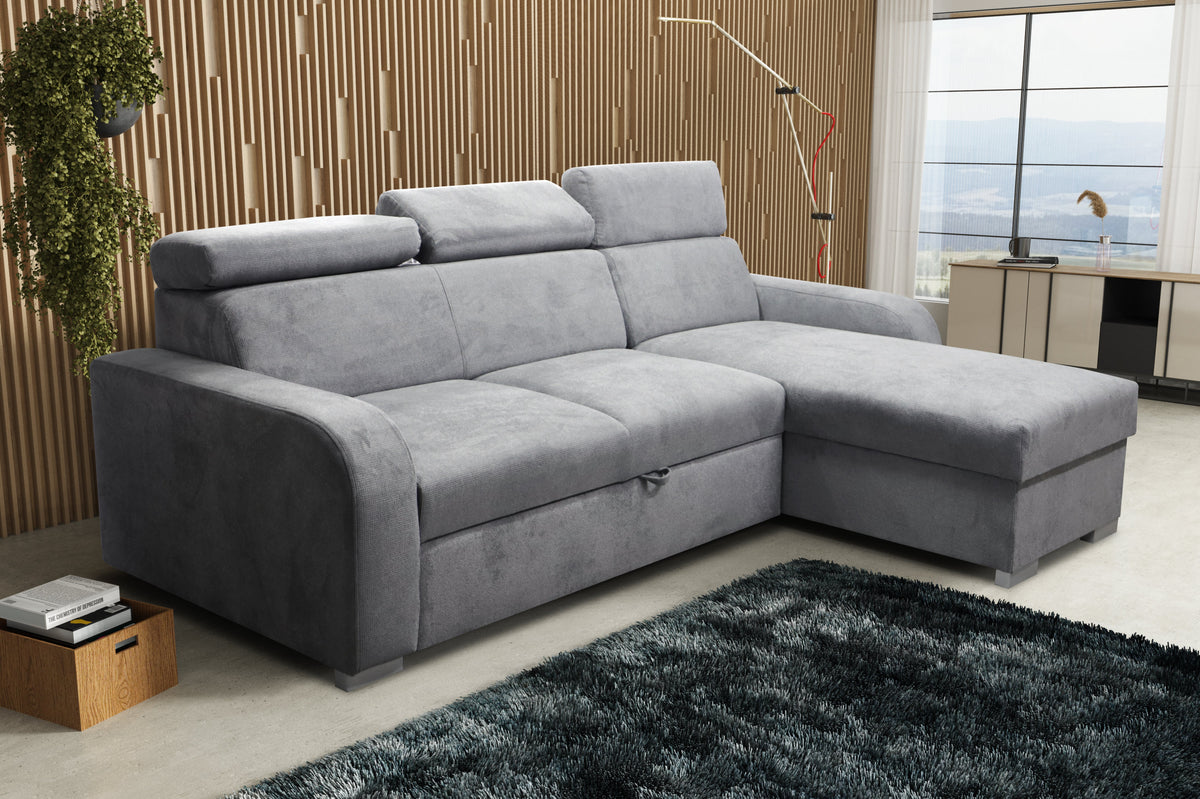 UNIVERSAL CORNER SOFA BED ASTEE 235CM EASY CLEAN FABRIC ADJUSTABLE HEADREST CHOICE OF COLORS / SPRINGS + FOAM