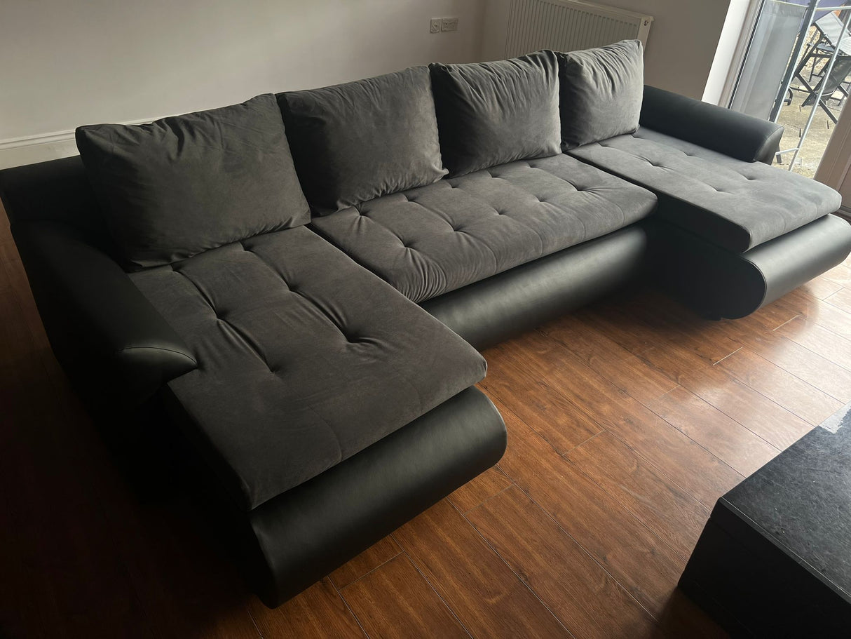 CORNER SOFA BED PRADO U SHAPE TRINITY 15/1114 GRAPHITE / BLACK FAUX LEATHER 300cm WATER RESISTANT FABRIC / SPRINGS + FOAM