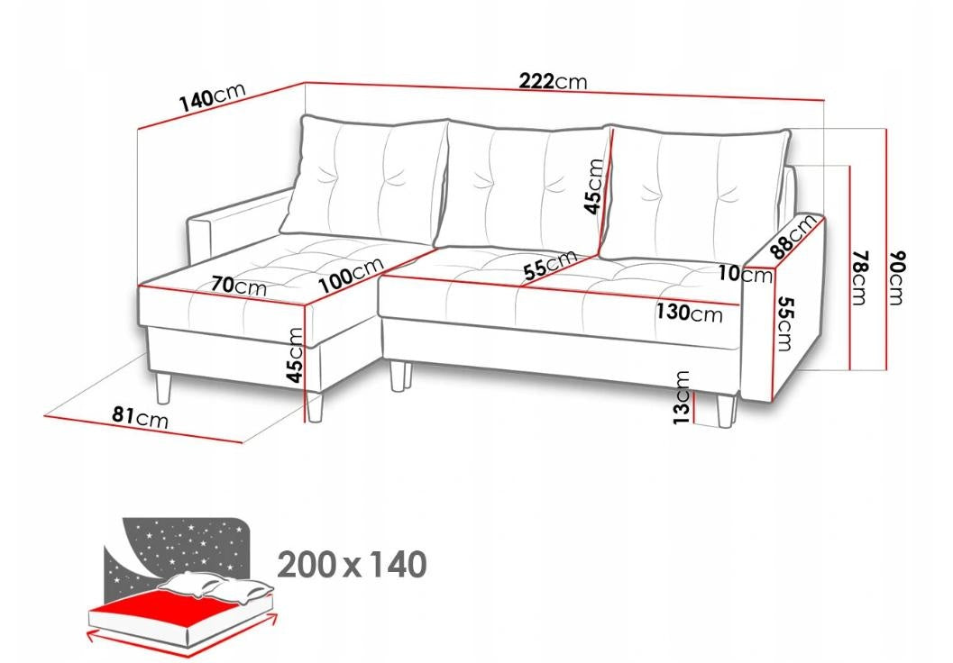 CORNER SOFA BED BRIAN 222x140CM 2X STORAGE SPACE Universal CORNER RIGHT/LEFT / BONELL SPINGS + FOAM
