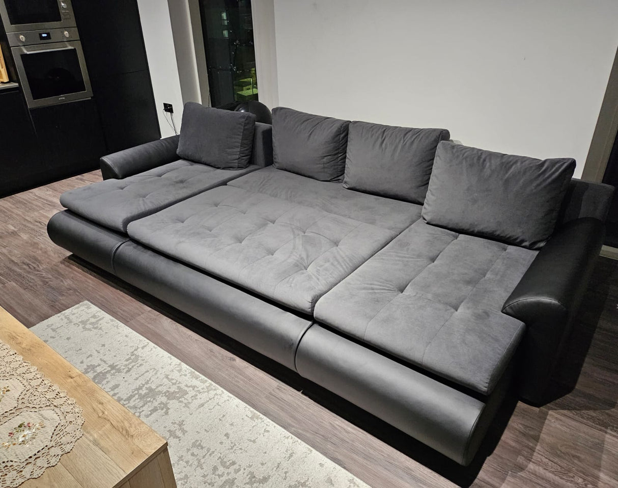 CORNER SOFA BED PRADO U SHAPE TRINITY 15/1114 GRAPHITE / BLACK FAUX LEATHER 300cm WATER RESISTANT FABRIC / SPRINGS + FOAM