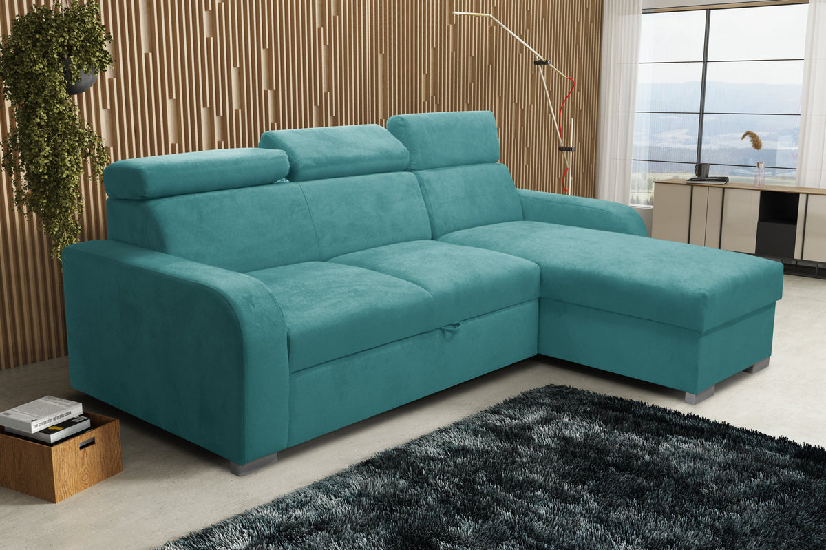 UNIVERSAL CORNER SOFA BED ASTEE 235CM EASY CLEAN FABRIC ADJUSTABLE HEADREST CHOICE OF COLORS / SPRINGS + FOAM
