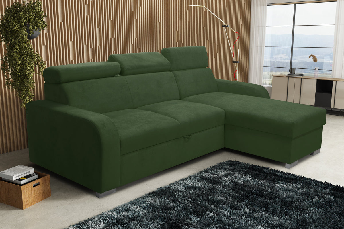 UNIVERSAL CORNER SOFA BED ASTEE 235CM EASY CLEAN FABRIC ADJUSTABLE HEADREST CHOICE OF COLORS / SPRINGS + FOAM