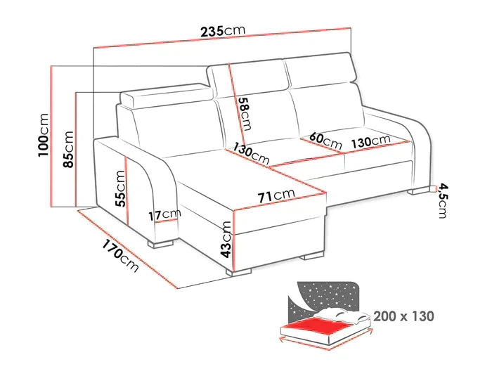 UNIVERSAL CORNER SOFA BED ASTEE 235CM ASTI25 EASY CLEAN FABRIC ADJUSTABLE HEADREST / SPRINGS + FOAM