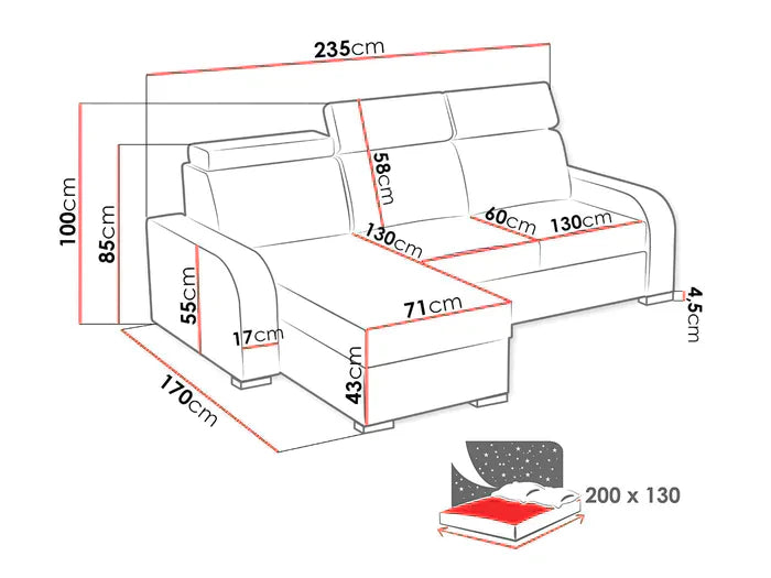 UNIVERSAL CORNER SOFA BED ASTEE 235CM ASTI31 EASY CLEAN FABRIC ADJUSTABLE HEADREST / SPRINGS + FOAM